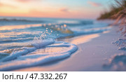 Waves gently lapping the shore during sunset creating a serene coastal atmosphere at a beach. Стоковое AI-изображение, AI-художник Сергей Толмачёв / Фотобанк Лори