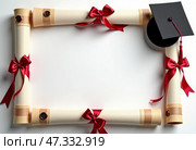 This image features a creative frame composed of graduation-related items on a white background. Стоковое AI-изображение, AI-художник Наталья Синцова / Фотобанк Лори