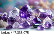 Stunning display of amethyst and quartz crystals captured in soft lighting on a smooth surface. Стоковое AI-изображение, AI-художник Сергей Толмачёв / Фотобанк Лори