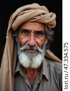 A proud Yemeni man showcases his life experiences through deep-set eyes, adorned with a traditional headdress. The warm sun highlights his facial features, revealing stories untold Generative AI. Стоковое AI-изображение, AI-художник Юлия Петровская / Фотобанк Лори