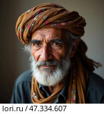 An elderly Yemeni man exudes wisdom and resilience, adorned in a traditional headscarf. His piercing gaze reflects a rich history and cultural heritage, hinting at stories untold Generative AI. Стоковое AI-изображение, AI-художник Юлия Петровская / Фотобанк Лори