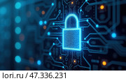 A luminous padlock is superimposed on a complex digital circuit board, highlighting themes of cybersecurity and data encryption in a modern technology setting. Стоковое AI-изображение, AI-художник Sergey Grishin / Фотобанк Лори