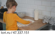 6 years old boy cooking pizza in the kitchen. Child rolling up the dough, adding cheese, tomatoes and smear sauce the base. Preschool kid making homemade pizza. Cooking class, culinary. Little baker. Стоковое видео, видеограф Марина Демидюк / Фотобанк Лори