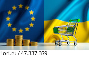 Empty cart on the background of the national flag of Ukraine and gold coin columns on the background of the flag of the European Union.  AI generative. Стоковое AI-изображение, AI-художник Роман Дзюбало / Фотобанк Лори