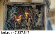 Electrical panel burning with cables on fire. Стоковое AI-видео, аниматор Юрий Поздников / Фотобанк Лори