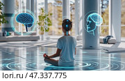 Woman meditating with brain hologram in futuristic room. Стоковое AI-видео, аниматор Юрий Поздников / Фотобанк Лори