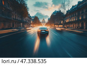Modern car driving on a parisian street at dusk with les invalides in background. Стоковое AI-изображение, AI-художник Андрей Знаменский / Фотобанк Лори
