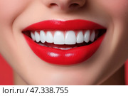 Bright red lips and a radiant smile with perfect white teeth. Ярко-красные губы и лучезарная улыбка с идеально белыми зубами. Стоковое AI-изображение, AI-художник Katsiaryna Repich / Фотобанк Лори