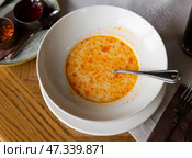 Small portion of traditional Bulgarian first course, shkembe chorba, is served in deep plate. Стоковое фото, фотограф Яков Филимонов / Фотобанк Лори