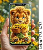 A funny shaggy lion cub gives a bouquet of yellow mimosas, holding them out from the screen of a smartphone for a birthday. Стоковое AI-изображение, AI-художник Сергей Елизарьев / Фотобанк Лори
