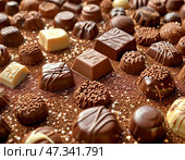 On December 28, lovers of sweets celebrate a delicious and aromatic holiday - Chocolate Candy Day. Chocolate candies are a favorite treat since childhood. Стоковое AI-изображение, AI-художник Сергей Елизарьев / Фотобанк Лори