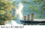 Serenity and tranquility in nature with skincare products mockup by a calm lake. Средства по уходу за кожей расположились на гладком камне у спокойного озера, окруженного пышной зеленью. Мягкий утренний свет отражается от поверхности воды, создавая умиротворяющую атмосферу. Стоковое AI-изображение, AI-художник Katsiaryna Repich / Фотобанк Лори