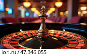 The roulette wheel stands prominently in the center of a bustling casino, surrounded by colorful lights and the buzz of players enjoying their time. Стоковое AI-изображение, AI-художник Sergey Grishin / Фотобанк Лори