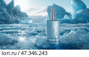 Clear bottle mockup placed on icy shore amidst glaciers and blue water. Макет прозрачной бутылки на ледяном берегу среди ледников и голубой воды. Стоковое AI-изображение, AI-художник Katsiaryna Repich / Фотобанк Лори