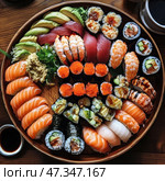A beautifully presented large assortment of sushi laid out on a round wooden plate. The composition includes various types of rolls, nigiri and sashimi. Visible pieces with salmon, tuna, shrimp, avocado, tobiko caviar, eel and cucumber. Each element is neatly rolled or cut, fresh and bright in color. Along the edges are wasabi, ginger and fresh herbs. The composition looks like an ideal dish for treating guests or serving in a Japanese restaurant. Стоковое AI-изображение, AI-художник Анна Кривицкая / Фотобанк Лори