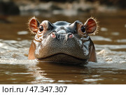 A hippopotamus peering out of the water. Its head is close-up, almost entirely above the surface, with wet, shiny skin and a curious look. The small ears sticking out to the sides and the wide nostrils give the animal a look that is both serious and slightly humorous. The water around it is calm, reflecting the light and giving the scene a natural, lived-in feel. It is a moment from the wild, conveying the power and calm of an African animal in its natural environment. Стоковое AI-изображение, AI-художник Анна Кривицкая / Фотобанк Лори
