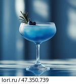 Refreshing blue cocktail served in elegant glass with garnish. Освежающий голубой коктейль подается в элегантном бокале с гарниром. Стоковое AI-изображение, AI-художник Katsiaryna Repich / Фотобанк Лори