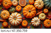 A variety of pumpkins and gourds in different shapes and sizes are placed on a wooden surface surrounded by colorful autumn leaves, creating a warm seasonal display. Стоковое AI-изображение, AI-художник Sergey Grishin / Фотобанк Лори