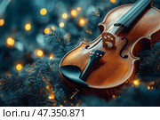 Violin resting on pine branches with glowing lights in a festive setting. Скрипка, покоящаяся на сосновых ветвях со светящимися огоньками в праздничной обстановке. Стоковое AI-изображение, AI-художник Katsiaryna Repich / Фотобанк Лори