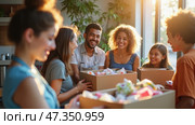 A group of six friends smiles and interact while packing food boxes for a charitable cause in a warm, sunlit room filled with plants, creating a lively atmosphere. Стоковое AI-изображение, AI-художник Sergey Grishin / Фотобанк Лори
