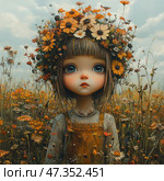 Atmospheric portrait of a girl with large expressive eyes and a slightly thoughtful, dreamy expression. Her face is surrounded by a wreath of wild flowers: daisies, cornflowers, yellow and orange shades. The girl is dressed in a simple shirt and an ocher sarafan, which harmonizes with the flowers around her. The background is a field dotted with wild flowers, under a light sky with light clouds. The work is done in a fabulous, slightly surreal style with a soft, pastel palette, creating an atmosphere of silence, tenderness and slight sadness. Стоковое AI-изображение, AI-художник Анна Кривицкая / Фотобанк Лори