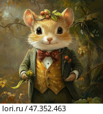 A charming anthropomorphic mouse dressed in an elegant vintage suit. He stands against the backdrop of a forest illuminated by soft, warm light. He is wearing a green tailcoat, a mustard waistcoat with white polka dots, a white shirt and a burgundy bow tie. On his head, the mouse has a wreath of leaves and berries, and in his paws are forest gifts. His facial expression is friendly, good-natured, with large, sparkling eyes and a slight smile. The illustration seems to have come from the pages of a cozy fairy tale, in which animals live like little gentlemen and ladies. Стоковое AI-изображение, AI-художник Анна Кривицкая / Фотобанк Лори