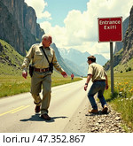 Tensions rise as border patrol interacts with migrants near USA Mexico border in a mountainous landscape. Стоковое AI-изображение, AI-художник Кривошеина Елена Леонидовна / Фотобанк Лори