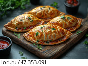 Delicious pies, baked until golden brown. They are neatly laid out on a wooden board, decorated with fresh green leaves, and their filling slightly flows out, giving the dish a juicy and homemade look. Next to them is a sauce in a black bowl, perhaps tomato or spicy, perfectly complementing the taste of these ruddy products. The atmosphere of the photo is warm and cozy, making you want to try the treat right now. Стоковое AI-изображение, AI-художник Анна Кривицкая / Фотобанк Лори