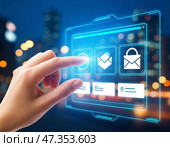 Современные технологии. Рука нажимает на ярлык электронной почты на экране планшетного компьютера. Стоковое AI-изображение, AI-художник Руслан Лесков / Фотобанк Лори