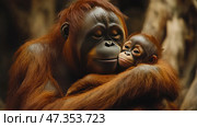 A touching scene: an adult orangutan tenderly embraces her baby. Her eyes are closed, her face calm and peaceful, as if she is enjoying the moment. The baby is pressed against its mother, looking forward with a slight smile and warmth in its eyes. Their reddish fur shimmers softly in the warm light, creating a feeling of coziness, safety and love. The background is neutral, natural, does not distract from the main thing - the bond between mother and child. Стоковое AI-изображение, AI-художник Анна Кривицкая / Фотобанк Лори