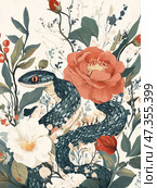 Decorative illustration in botanical style, combining nature and symbolism. Among lush flowers, leaves and stems, a dark snake with expressive bluish-green scales and bright red eyes wriggles. The flowers are large, with petals of warm shades: cream, coral and terracotta. The whole composition is built on the contrast of the softness of the plants and the tense grace of the snake, creating a feeling of beauty and danger, life and hidden threat at the same time. The style is decorative, with elements of folk and oriental ornament. Стоковое AI-изображение, AI-художник Анна Кривицкая / Фотобанк Лори