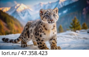 Snow Leopard Cub Explores Snowy Landscape in the Mountains During Daylight. Стоковое AI-видео, аниматор Оксана Медведева / Фотобанк Лори