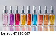 Colorful collection of beauty serums lined up on a reflective surface in a brightly lit setting. Стоковое AI-изображение, AI-художник Сергей Толмачёв / Фотобанк Лори