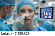 Surgeon preparing patient for procedure in modern operating room with advanced medical equipment. Стоковое AI-изображение, AI-художник Сергей Толмачёв / Фотобанк Лори