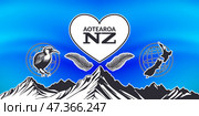 Vector wide poster. Big heart, Aotearoa inscription, NZ abbreviation means New Zealand. Black and white graphic kiwi bird and country map silhouette, fern leaves, mountains. Blue wavy background. Новая зеландия. Стоковая иллюстрация, иллюстратор GAlexS / Фотобанк Лори