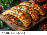 Delicious pastries or empanadas with a golden, crispy crust. They are laid out on a wooden board and generously sprinkled with fresh herbs (probably parsley). The filling looks juicy and flavorful - it includes vegetables, possibly tomatoes, peppers, onions, green peas. In the background you can see sauces in small bowls, which are probably served with these pastries. Стоковое AI-изображение, AI-художник Анна Кривицкая / Фотобанк Лори