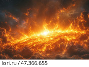 A grandiose and powerful cosmic phenomenon resembling the surface of a star, possibly the Sun. Fiery tongues of flame, bright flashes and hot clouds cover the frame, creating a sense of incredible energy and destructive force. Stars are visible in the distance, and the image itself is filled with movement, light and heat. This is a visualization of the cosmic elements, the primordial power and magnificence of the Universe. Стоковое AI-изображение, AI-художник Анна Кривицкая / Фотобанк Лори