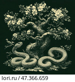 A stylized engraving or illustration in monochrome colors. In the center of the composition is a tree with a curved trunk and spreading flowering branches. At the foot of the tree is a large snake with expressive scales and a raised head, ready to defend or attack. On one of the tree branches sits a bird, as if watching the snake. The composition is filled with symbolism: nature, balance, the confrontation of instinct and spirit, beauty and danger. The atmosphere is mysterious, like an illustration of a parable or myth. Стоковое AI-изображение, AI-художник Анна Кривицкая / Фотобанк Лори