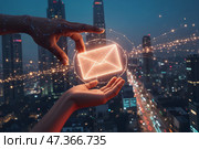 Руки с письмом в футуристическом стиле, символизирующая связь. Стоковое AI-изображение, AI-художник Валерий Лукин / Фотобанк Лори