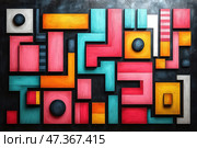 Abstract geometric composition in the style of modernism. The work is made in the form of a relief panel with bright saturated colors: pink, turquoise, yellow, black and white. The predominant shapes are rectangles, squares, circles and figures reminiscent of parts from a construction set or Tetris. The elements are located on a black background and create a visual rhythm, a play of shadow and volume, thanks to which each fragment looks three-dimensional.The composition conveys energy, dynamics and order, while maintaining an element of play and visual experimentation. This can be either a decorative wall work or a conceptual work of art. Стоковое AI-изображение, AI-художник Анна Кривицкая / Фотобанк Лори