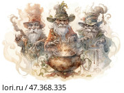 Three wizards in the style of a fairy-tale watercolor illustration. They all have long gray beards, fancy hats decorated with plants, flowers, ribbons. In the center is a large copper cauldron with a magic potion, from which smoke or steam rises. The wizards look good-natured, although a little sly. One holds a staff, another stirs the potion, the third measures the ingredients with strange scales. The illustration is full of coziness, humor and magical charm, reminiscent of a children's book or an old fairy tale. Стоковое AI-изображение, AI-художник Анна Кривицкая / Фотобанк Лори