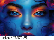 Artistic portrait of a face, made in a digital fantasy style. The face is painted in a deep blue color, the skin is smooth and shimmers with cold shades. The eyes are bright blue, expressive, emphasized by rich shadows: fiery orange, red and gold. The hair smoothly dissolves into the background, made with swirling, almost smoky lines in dark blue and purple tones, interspersed with pink and crimson. The whole image radiates magical, hypnotic energy, creating a sense of myth or an alien entity. Стоковое AI-изображение, AI-художник Анна Кривицкая / Фотобанк Лори