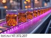 Automated production line with jars of capsules moving along it. Clear plastic containers with orange gel capsules are neatly lined up on a conveyor with purple LED backlighting. Bright lighting and background blur create a technological and sterile atmosphere typical of the pharmaceutical or nutraceutical industry. The image conveys the precision, cleanliness and scale of a modern production process. Стоковое AI-изображение, AI-художник Анна Кривицкая / Фотобанк Лори