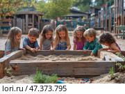 Seven young children are playing in a sandbox outdoors on a warm day. They are all looking at the sand with interest and smiles, discussing and exploring something. Their faces express joy, curiosity and involvement. The background shows a cozy and green playground with wooden buildings, trees and play areas. The atmosphere is friendly, safe and fun, emphasizing the value of playing together and developing in early childhood. Стоковое AI-изображение, AI-художник Анна Кривицкая / Фотобанк Лори