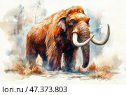 A life-size watercolor illustration of a woolly mammoth, with rich texture in its tawny fur. The animal faces slightly to the side, its powerful tusks curve beautifully forward. The background is soft, washed out, with subtle outlines of glacial landscape and dry vegetation, creating a prehistoric feel. The image combines scientific accuracy with artistic expression. Стоковое AI-изображение, AI-художник Анна Кривицкая / Фотобанк Лори