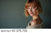 Stunning Portrait of a Woman With Short Hair and a Cozy Sweater Smiling Warmly Against a Muted Backdrop. Стоковое AI-изображение, AI-художник Sergey Grishin / Фотобанк Лори