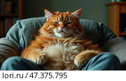 Majestic Ginger Cat Lounges Comfortably on a Cozy Chair, Basking in the Warm Afternoon Light. Human like cat in casual dress. Стоковое AI-изображение, AI-художник Sergey Grishin / Фотобанк Лори