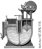 The piston setting machine with a vertical section to demonstrate its internal mechanism. Publication of the "Meyers encyclopedia", Vol. 7, Leipzig, Germany, 1910. Стоковое фото, фотограф Sergey Kohl / Фотобанк Лори