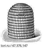 Straw skep hive. Publication of the "Meyers encyclopedia", Vol. 7, Leipzig, Germany, 1910. Стоковое фото, фотограф Sergey Kohl / Фотобанк Лори