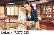 Young woman with teen daughter visitors stands near horizontal glass display case. Стоковое видео, видеограф Яков Филимонов / Фотобанк Лори